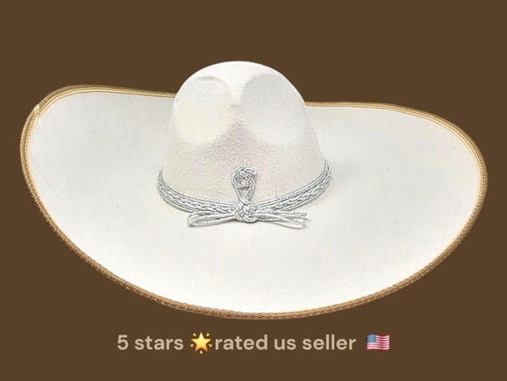 WHITE CREAM with  BROWN trim  colors  adults sombrero charro mariachi hat for fiestas or 5 de mayo extra fancy