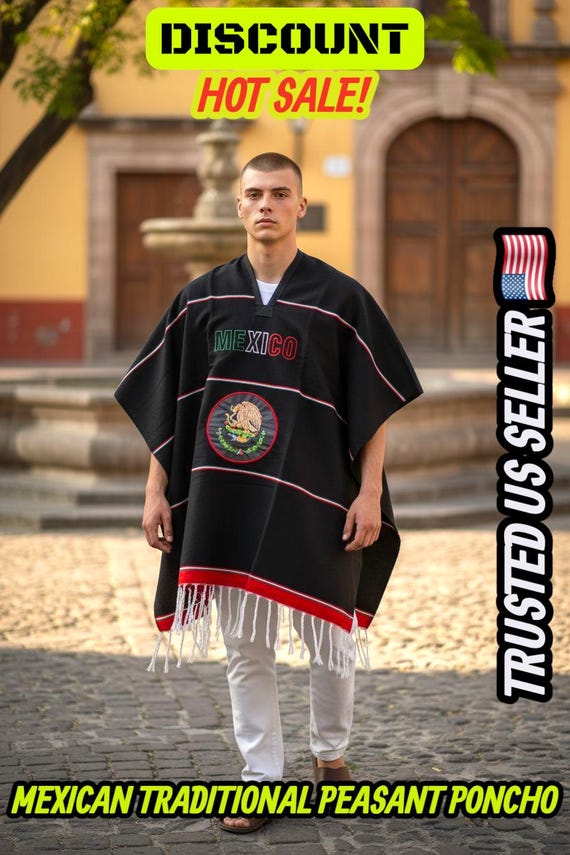 Handwoven Mexican Flag Poncho: Adult Size Acrylic Serape