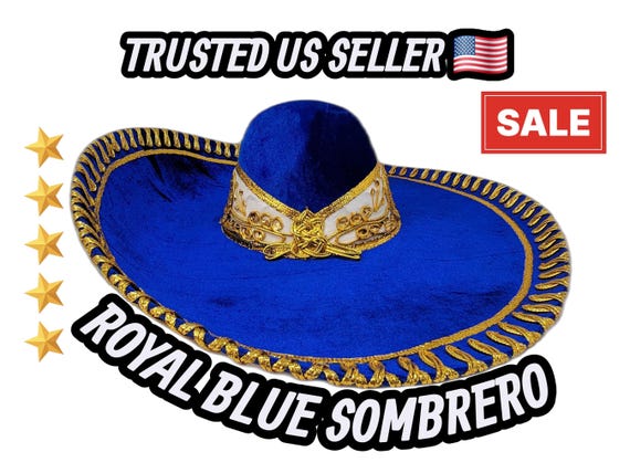 Royal Blue Mariachi Sombrero: Gold Trim adult Charro Hat