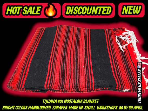 Authentic Mexican zarape blanket 80x60, mexican decor ,table runner, pic nic red black colors
