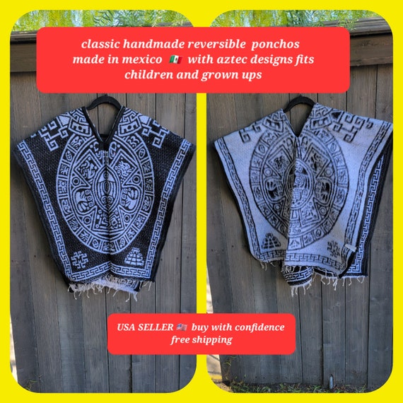 BLACK AND WHITE Reversible aztec calendar hand woven poncho with fringes