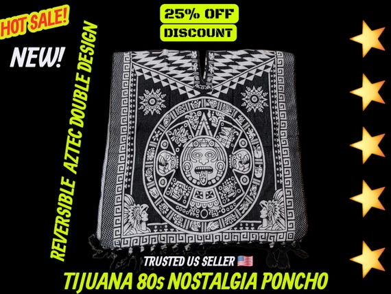 WHITE AND BLACK Reversible aztec calendar hand woven poncho with fringes lightweight