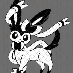 May include: Black and white line art illustration of a Pokemon character with large ears, a bow, and a long tail.