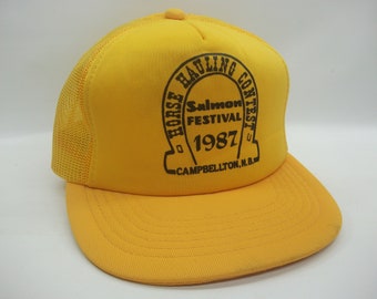 Salmon Festival 1987 Horse Hauling Contest Horseshoe Campbellton NB Hat Vintage Yellow Snapback Trucker Cap