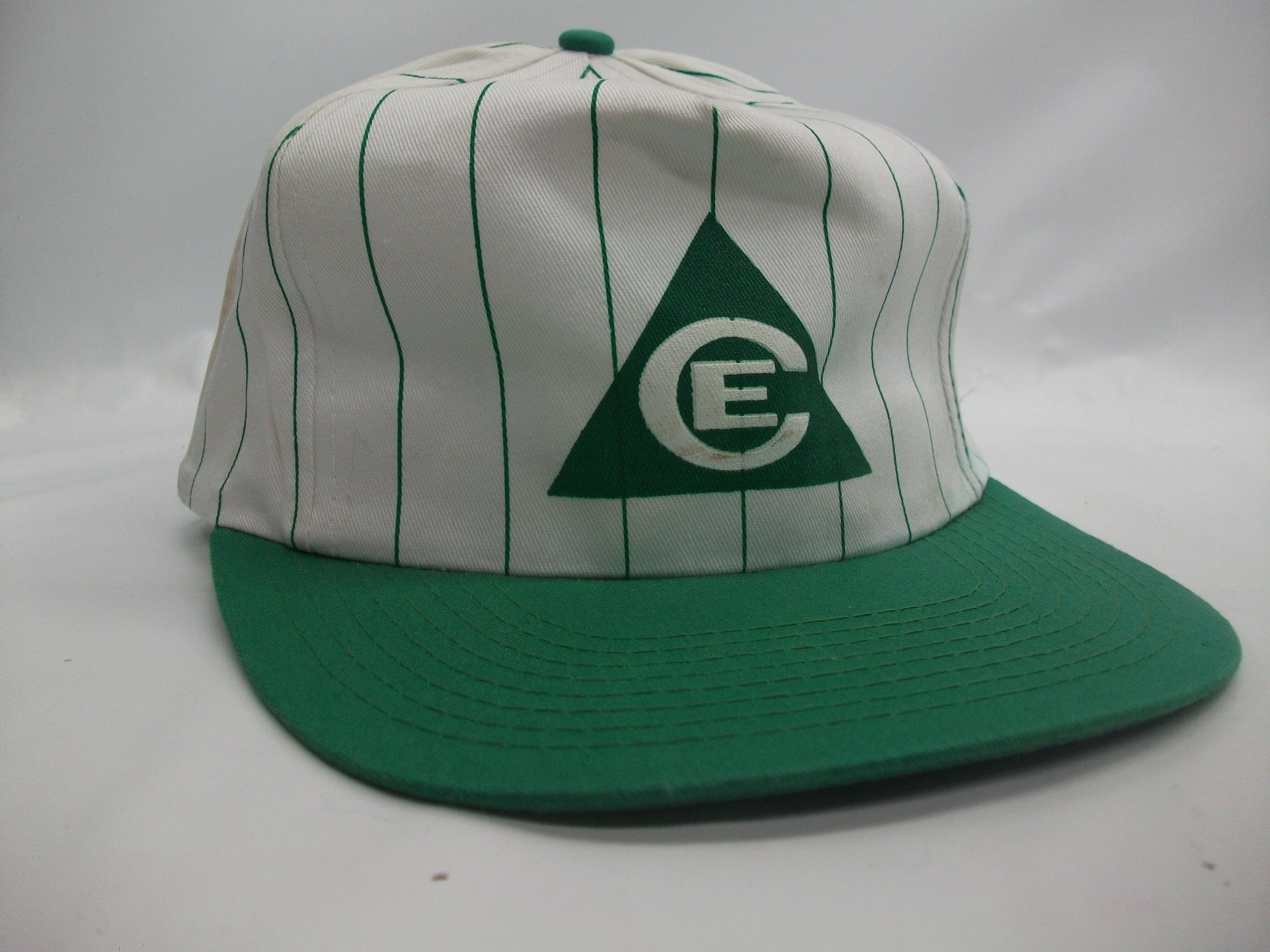 CE Triangle Logo Hat Vintage Pinstripe Green White Stained