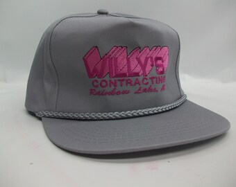 Willy's Contracting Rainbow Lake Alberta Spell Out Hat Vintage Gray Pink Strapback Rope Baseball Cap
