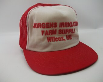 Jurgens Irrigation Farm Supply Wilcox NE Hat Vintage Red White Snapback Trucker Cap Made USA