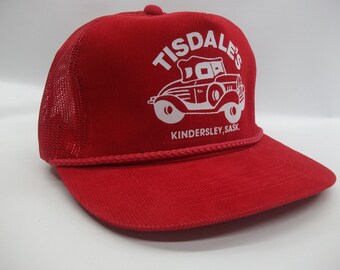 Tisdale's Kindersley Sask Car Hat Vintage Red Corduroy Snapback Rope Trucker Cap