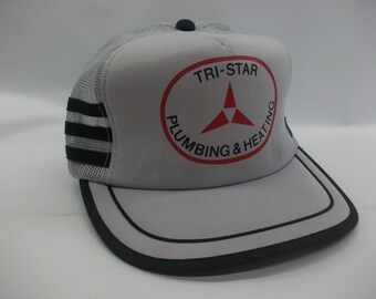 Tri Star Plumbing Heating Hat Vintage Gray Three Tri Side Stripe Snapback Trucker Cap