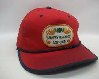Country Meadows Golf Club Patch Hat Discolored Stained Vintage Red Strapback Rope Baseball Cap