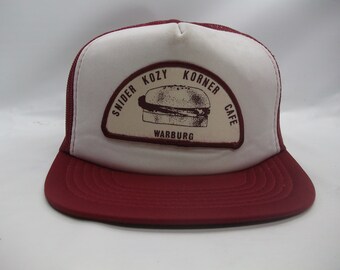 Snider Kozy Korner Cafe Warburg Hamburger Patch Hat Vintage Red-ish Purple Snapback Trucker Cap