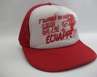 T'Aurais Du Voir Celui Que J'ai Echappe French Francais Smudged Logo Hat Vintage Red White Snapback Trucker Cap