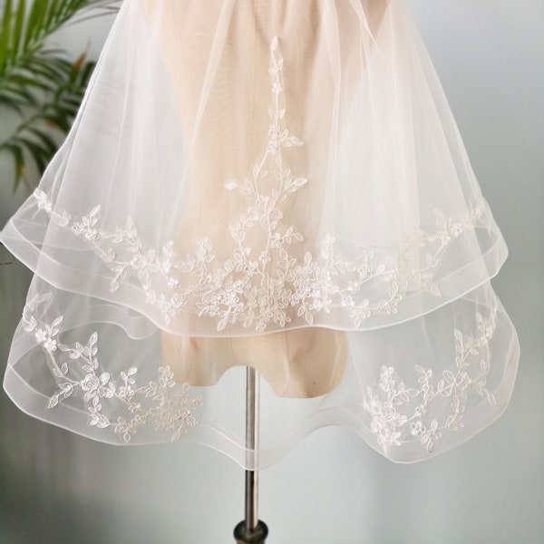 Two-Tier Horsehair Trim Fingertip Veil with comb, Off White Double 2 Layer Wedding Veil