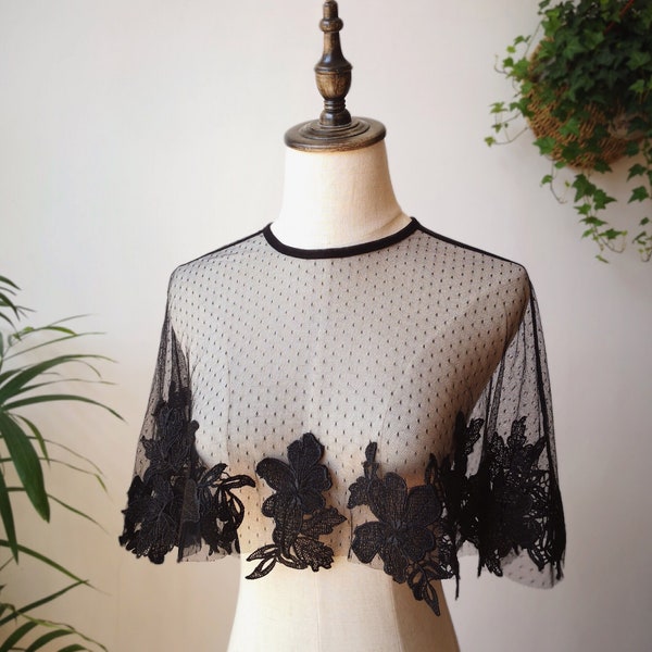 Black/White Dotted Bridal Capelet, Dotted Cover Up, Wedding Dress Cover Up, Wedding Dress Topper, Bridal Lace Cape, Bridal Separates