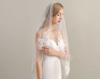 Lace Fingertip Wedding Veil with Comb, Bridal Veil, One Tier Veil, Single Layer Veil, Simple Veil,Ivory/ Off white