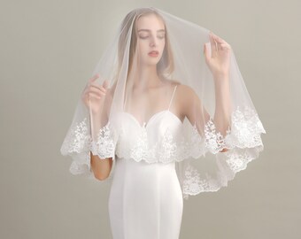 Fingertip Wedding Veil, Lace Trim Bridal Veil, Single Layer Veil, Blusher Veil, Light Ivory