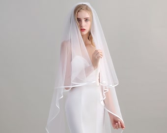 Two-Tier Satin Trim Cathedral Veil with comb, Ivory / Off White Double 2 Layer Wedding Veil