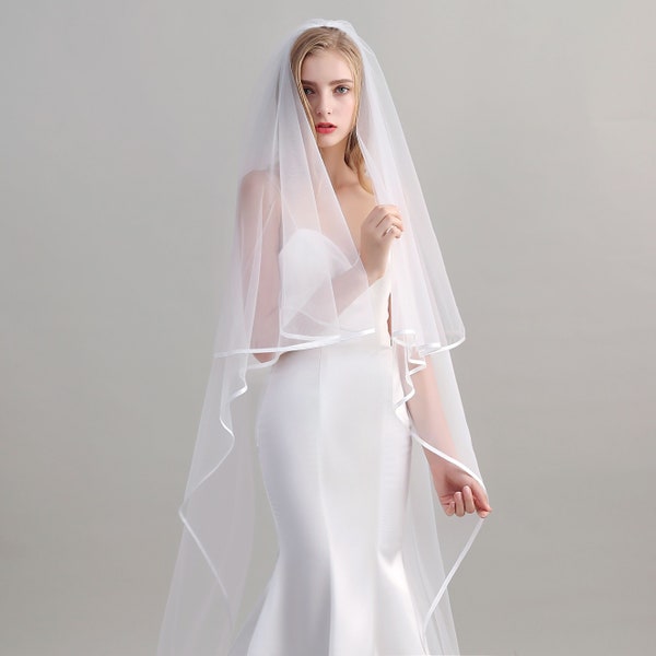 Two-Tier Satin Trim Cathedral Veil with comb, Ivory / Off White Double 2 Layer Wedding Veil