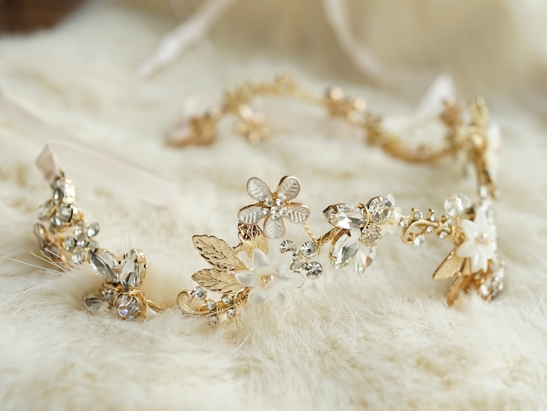 Gilded Garland Headband Tie-Back Headband Pearl and Crystal Floral Hair Vine