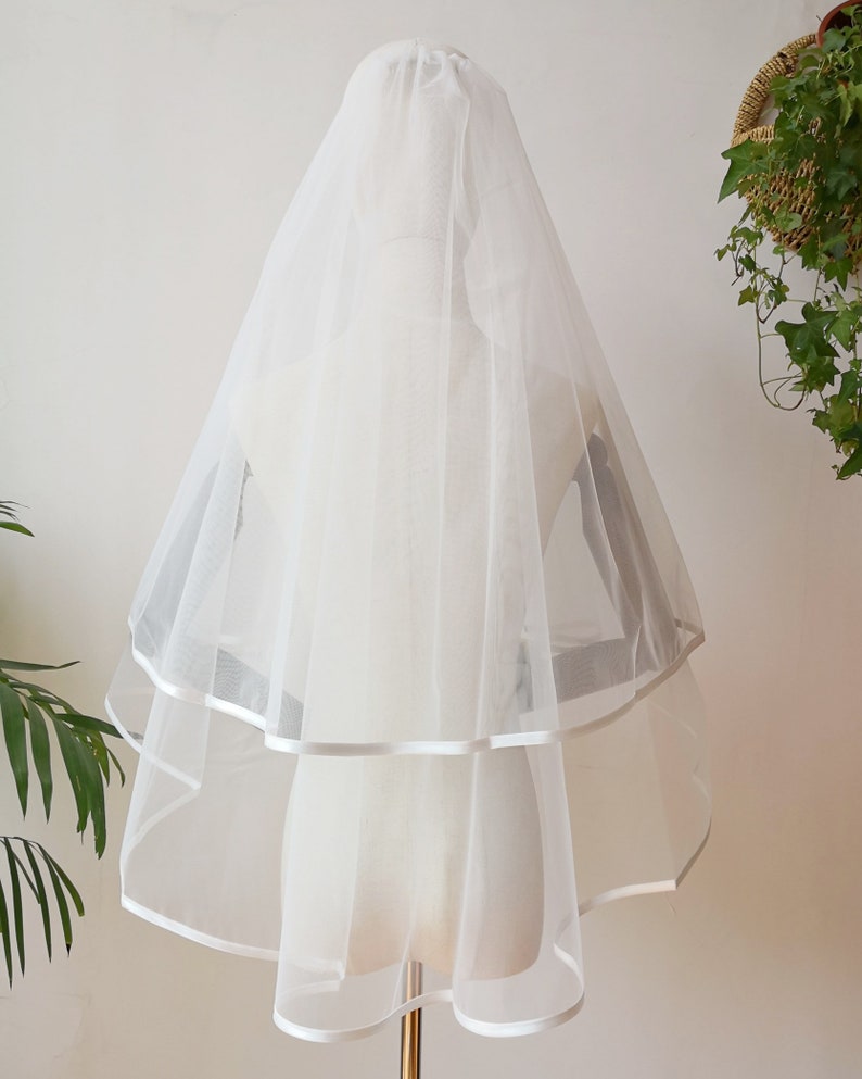 Two-Tier Satin Trim Fingertip Veil with comb, Ivory / Off White / White Double 2 Layer Wedding Veil image 4