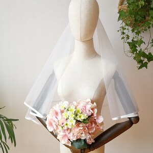 Two-Tier Satin Trim Fingertip Veil with comb, Ivory / Off White / White Double 2 Layer Wedding Veil image 2