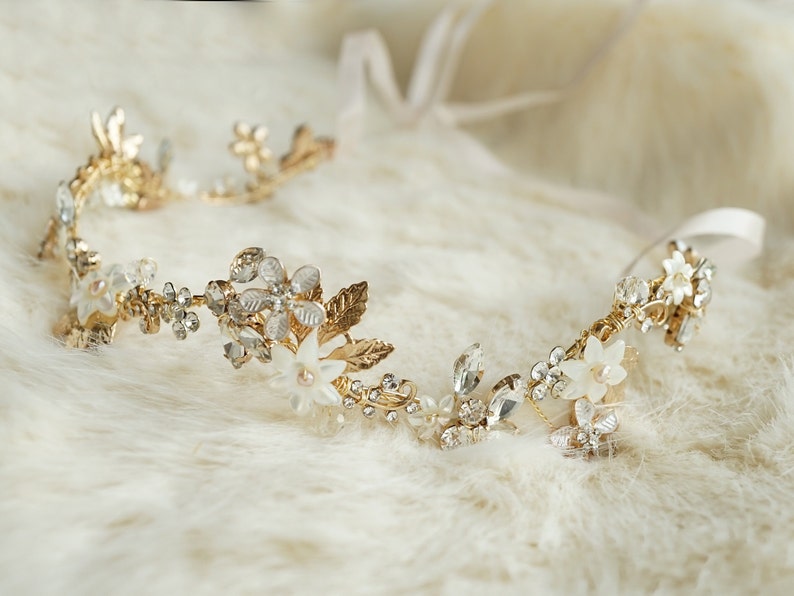 Gilded Garland Headband Tie-Back Headband Pearl and Crystal Floral Hair Vine