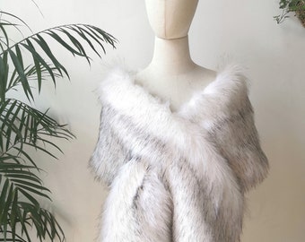 White with Black Tips Faux Fur Bridal Wrap, Wedding Fur Shrug, Fur Wrap, Bridal Faux Fur Shawl, Fur Bridal Cape