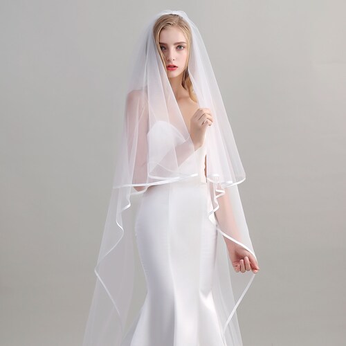 Two-tier Satin Trim Cathedral Veil With Comb, Ivory / off 