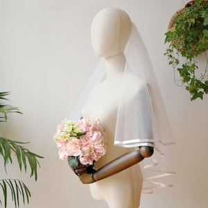 Two-Tier Satin Trim Fingertip Veil with comb, Ivory / Off White / White Double 2 Layer Wedding Veil