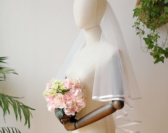 Two-Tier Satin Trim Fingertip Veil with comb, Ivory / Off White / White Double 2 Layer Wedding Veil