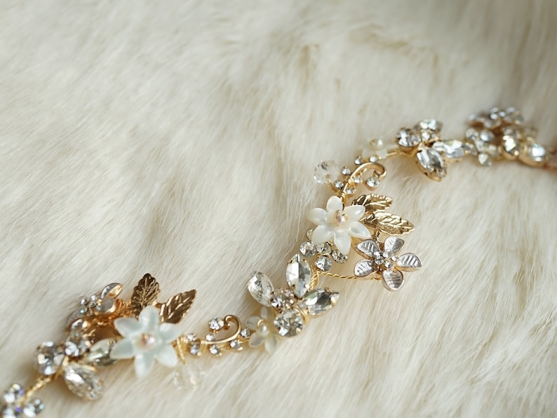 Gilded Garland Headband Tie-Back Headband Pearl and Crystal Floral Hair Vine