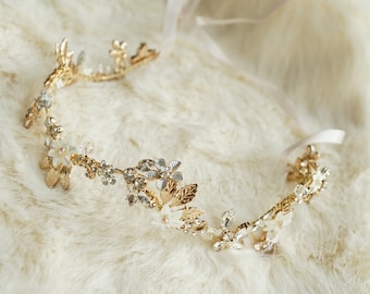 Pearl and Crystal Floral Hair Vine, Gilded Garland Headband, Tie-Back Headband