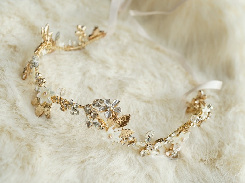 Gilded Garland Headband Tie-Back Headband Pearl and Crystal Floral Hair Vine