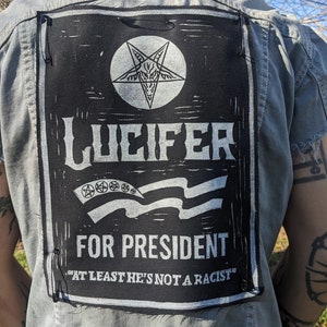 Lucifer for President Back Patch Anti-Racist Satanist Block Print Punk Patch