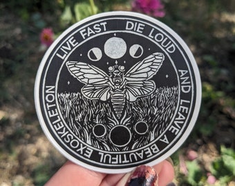 Cicada Sticker "Live Fast, Die Loud, and Leave a Beautiful Exoskeleton"