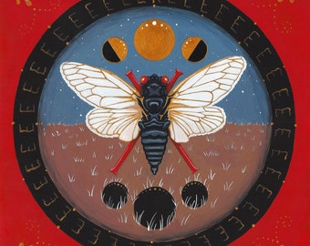 Brood X Cicada Original Art Print, Insect Painting Wall Decor for Witchy Goth Home, Oddities Art