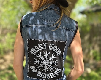 Parche de espalda anarquista nórdico con Yelmo de Asombro, Muchos Dioses y Sin Amos