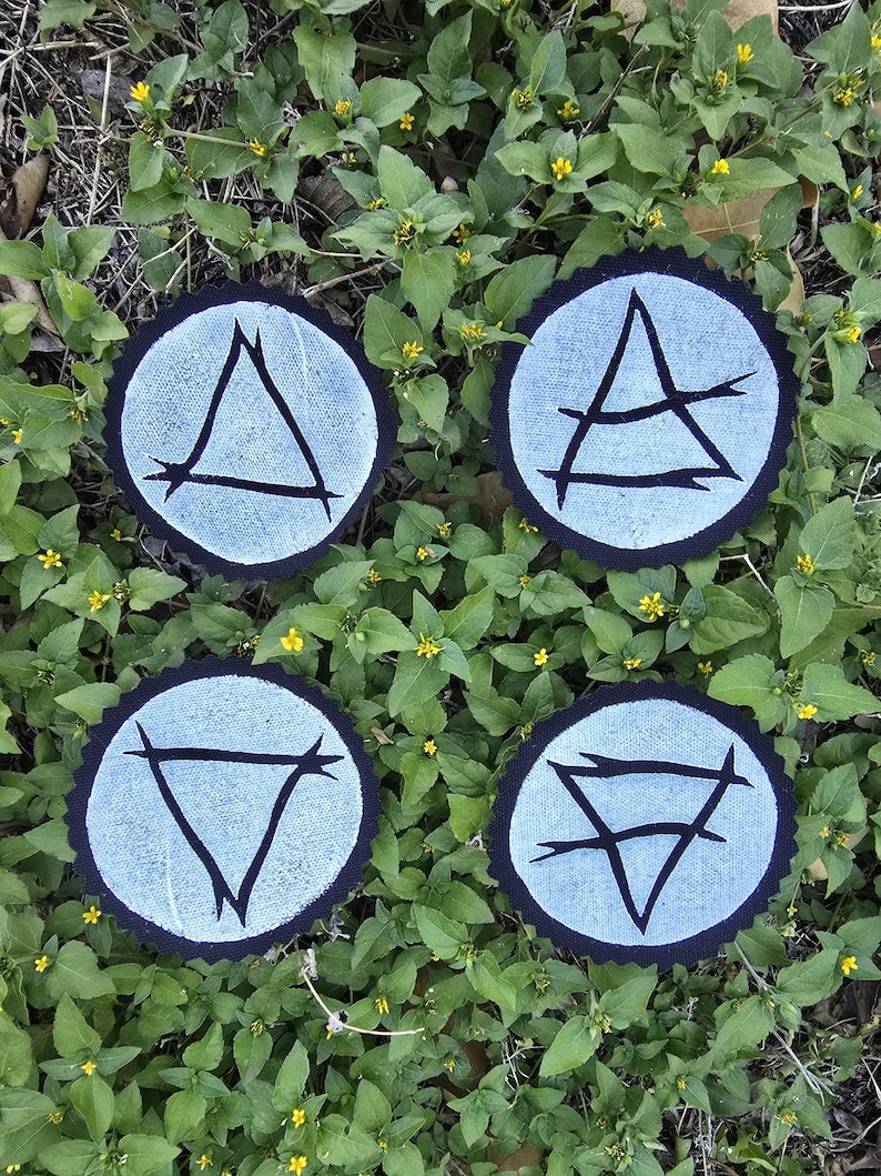May include: Four circular patches with black trim and light blue centres, each featuring a different black geometric symbol. The patches are arranged on a bed of green leaves with small yellow flowers.