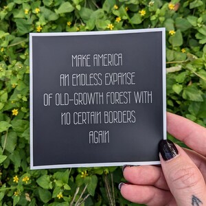 May include: Black and white sticker with the text "MAKE AMERICA AN ENDLESS EXPANSE OF OLD-GROWTH FOREST WITH NO CERTAIN BORDERS AGAIN".