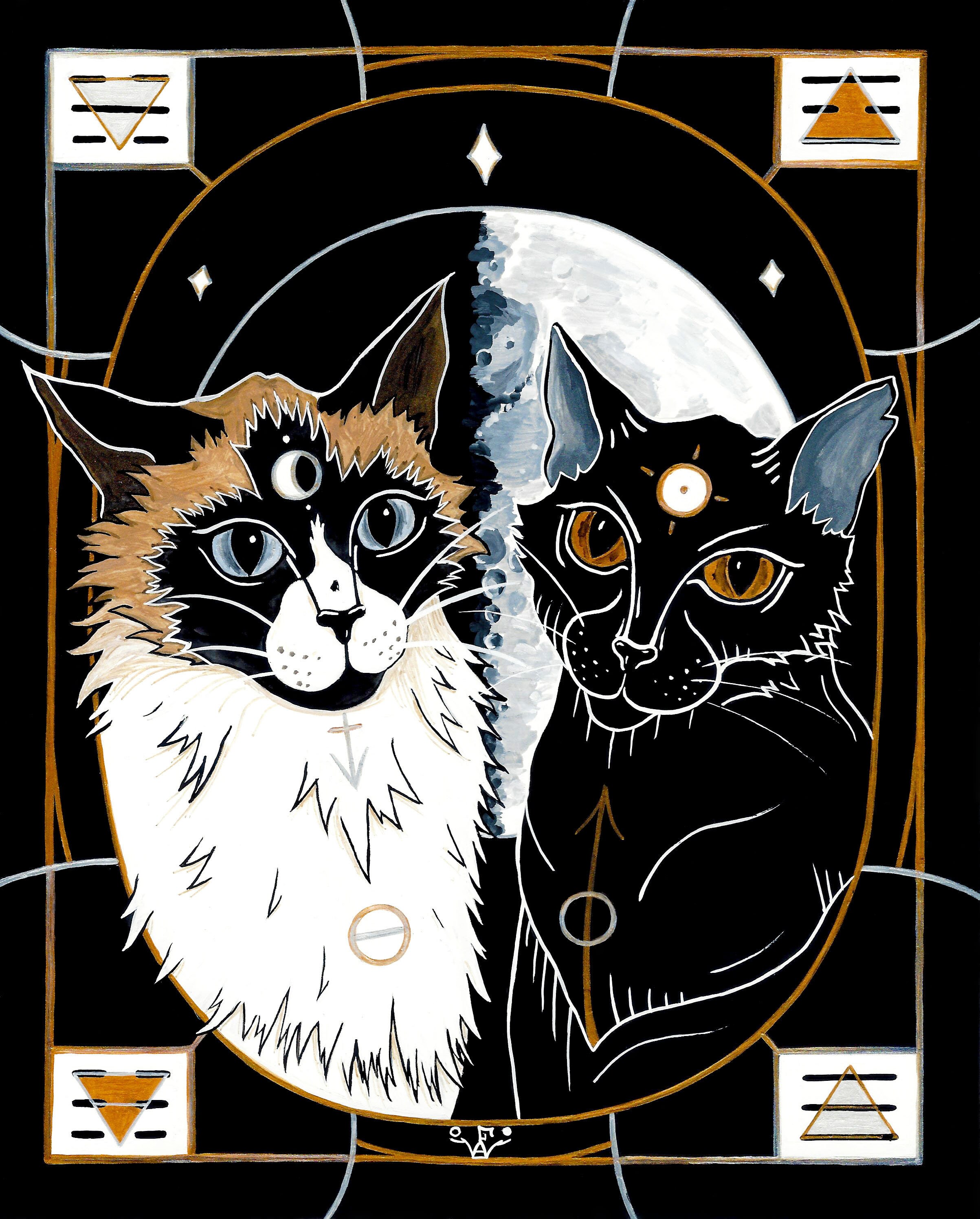 Sun & Moon Cat Print, 8 X 10 Pet Painting With Moons and Witchy