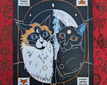 Sun & Moon Cat Print, 8 x 10 Peinture pour animaux de compagnie avec lunes et symbolisme sorcier