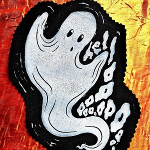 May include: A white ghost design on a black patch with the words "hell poop" in white. The patch has a jagged edge and is set against a textured red and gold background. A spooky Halloween theme.