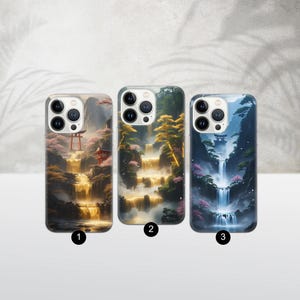Étui pour téléphone avec cascade japonaise : oeuvres d&#39;art dans les montagnes brumeuses, paysage fantastique pour iPhone, Samsung, Pixel