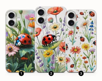 Ladybug Phone Case Beetle Wildflower Cover for iPhone 16E, 16Pro Max, 15 Plus, 14, 13, 12, 11, XS & Samsung S25, S24, A56, A55, Pixel 9, 8