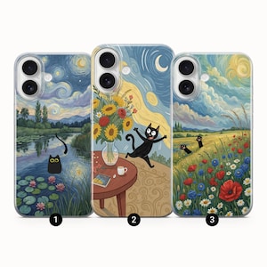 Van Gogh Phone Case Cat Meme Parody Cover for iPhone 16E, 16Pro Max, 15 Plus, 14, 13, 12, 11, XS & Samsung S25, S24, A56, A55, Pixel 9, 8