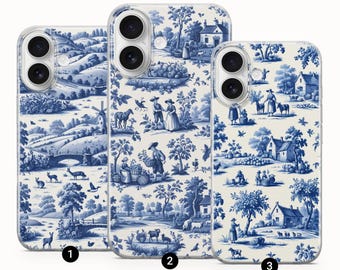 French Toile de Jouy Phone Case Blue Jouy Cover for iPhone 16E, 16Pro Max, 15 Plus, 14, 13, 12, 11 & Samsung S25, S24, A56, A55, Pixel 9, 8