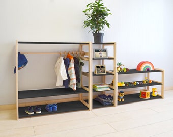 Porte-vêtements, armoire, étagère Montessori, ensemble d'étagères ouvertes, étagère de rangement de jouets, combo d'étagères à jouets montessori, système d'étagères