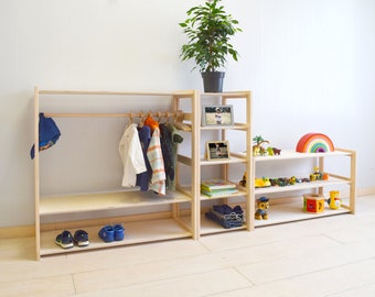 Appendiabiti, armadio, scaffale Montessori, set di scaffali aperti, scaffale per giocattoli, scaffale per giocattoli montessori combinato, sistema di scaffali