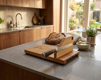 Hoogwaardige houten broodsnijplank met messenhouder