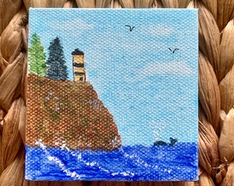 Mini canvas 3 x 3 original acrylic painting lighthouse with whale in bay